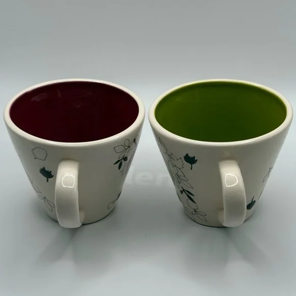 Two Starbucks 2007 Ceramic Falling Leaves Mugs Red and Green 8 oz - Picture 5 of 15